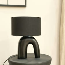 ValueLights Lia Black Fabric Drum Lamp Shade Black Arch Abstract Ceramic Table Lamp Black