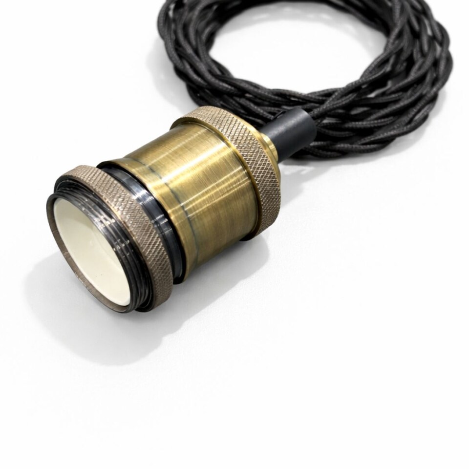 image 1 of CGC Lacey Antique Brass Pendant with Black Twisted 1.5m Adjustable E27 Cable and Matching Ceiling Rose