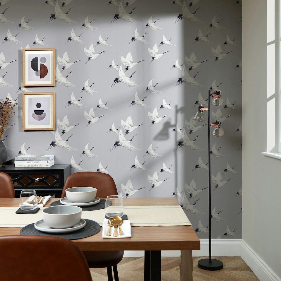 image 1 of Soaring Cranes Wallpaper in Grey Multi
