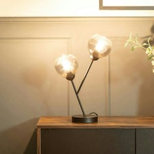 ValueLights Aria Black Metal 2 Way Bedside Table Lamp with Smoked Glass Lampshades - Bulbs Included