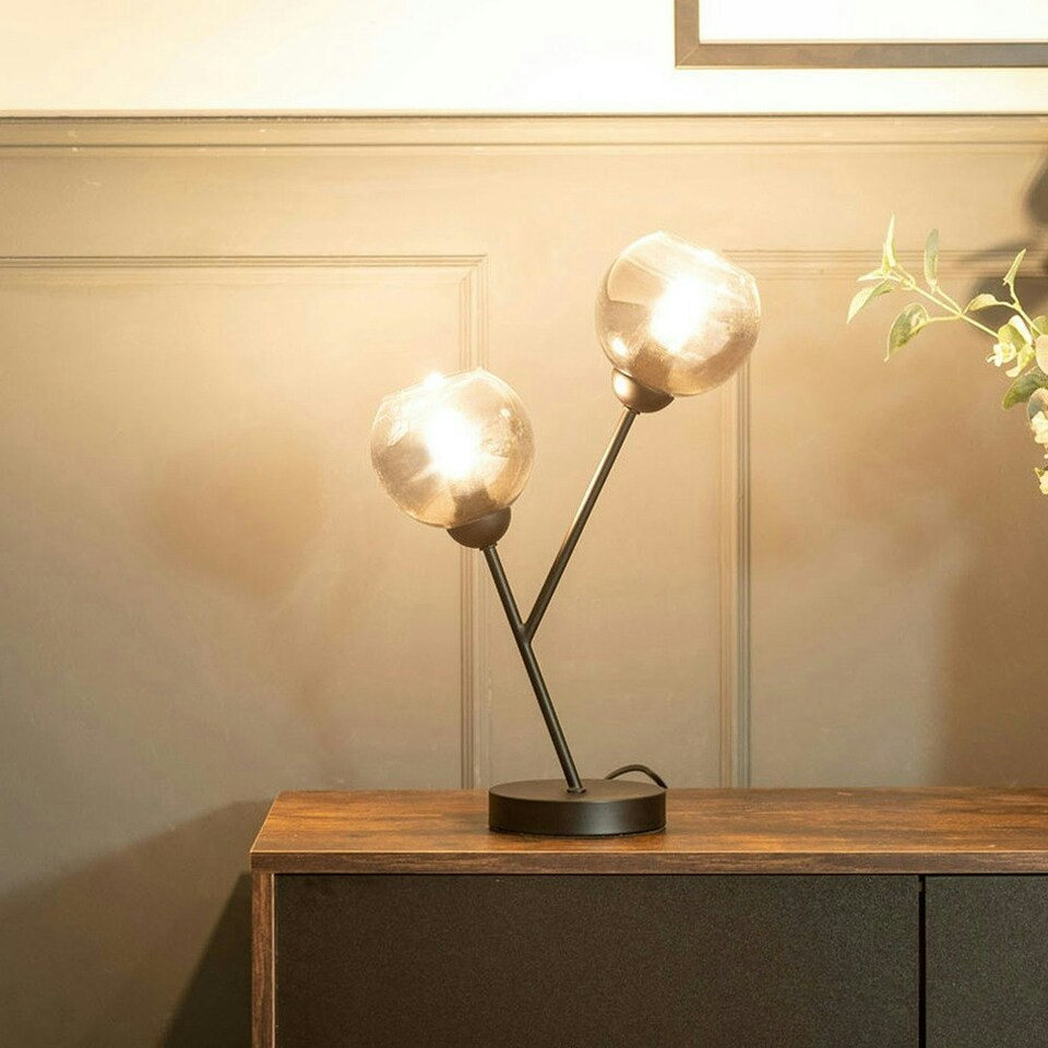 image 1 of ValueLights Aria Black Metal 2 Way Bedside Table Lamp with Smoked Glass Lampshades - Bulbs Included
