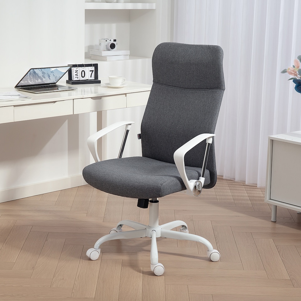image 1 of HOMCOM Office Chair, Fabric Computer Desk Chair with High Back, Swivel Wheels, Armrest, Tilting Function, Height Adjustable for Home, Grey | Grey