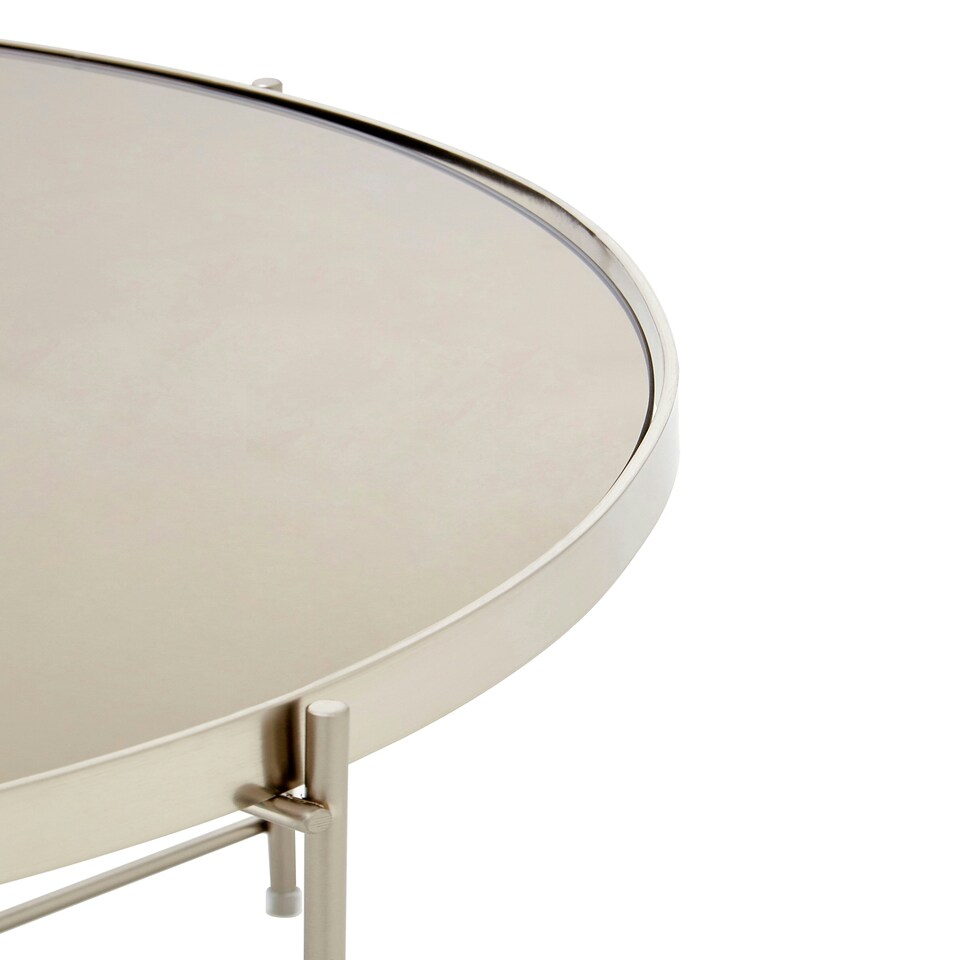 image 1 of Large Grey Mirror Round Side Table,Round Table With Brushed Nickel Trim, Side Table With Metal Lattice Base