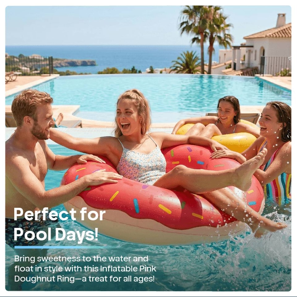 image 1 of Inflatable Pink Doughnut - 42 inches/107cm Donut with Pink Icing Design - Adults Kids Boys Girls Fun Summer Activity Pool Party Beach Day Swimming Toy Float