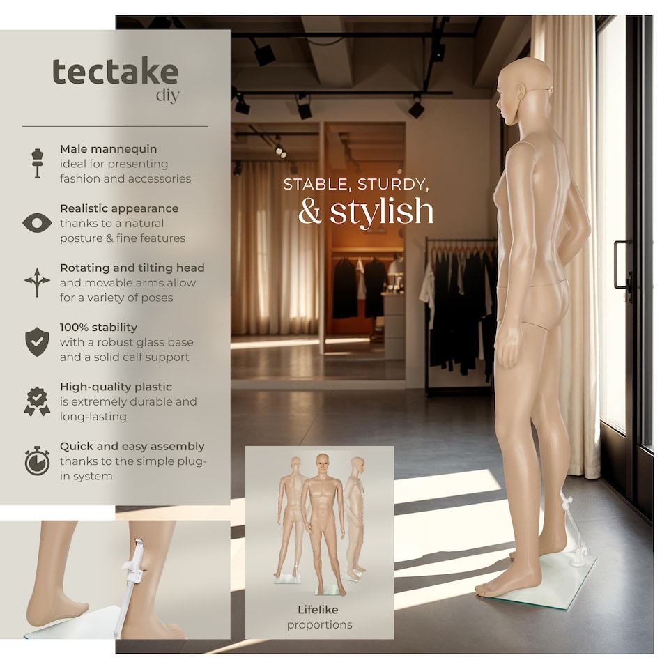 image 1 of Mannequin - adjustable, full body, life size, realistic proportions, glass plate stand | Cream | beige | Male | 1
