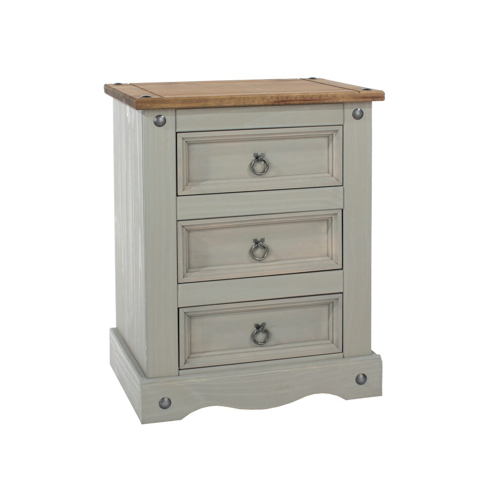 image 1 of Corona 3 Drawer Premium Bedside Table - Solid Pine Nightstand with Metal Hardware | Grey | Grey Wax | One Size | 1
