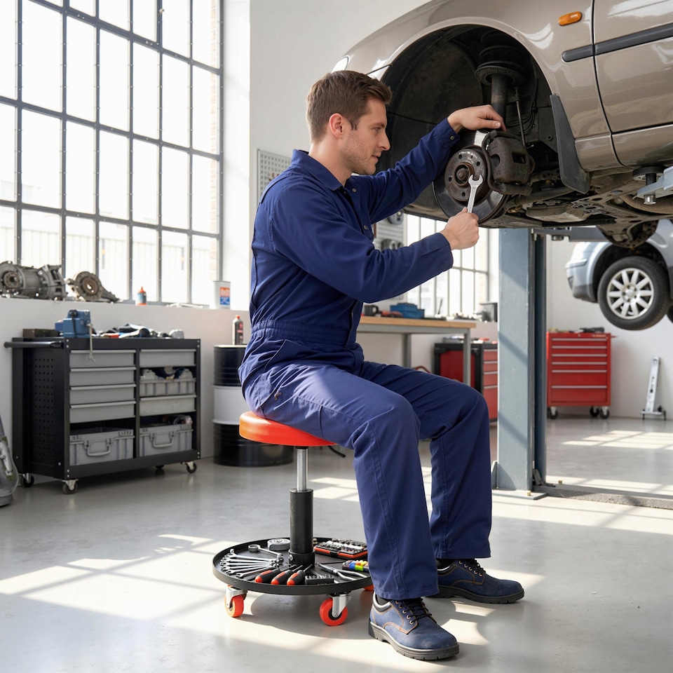 image 1 of HOMCOM Pneumatic Adjustable Mechanic Stool w/ Tool Tray, Wheels | Orange | Orange | Φ40 x 38-48H cm
