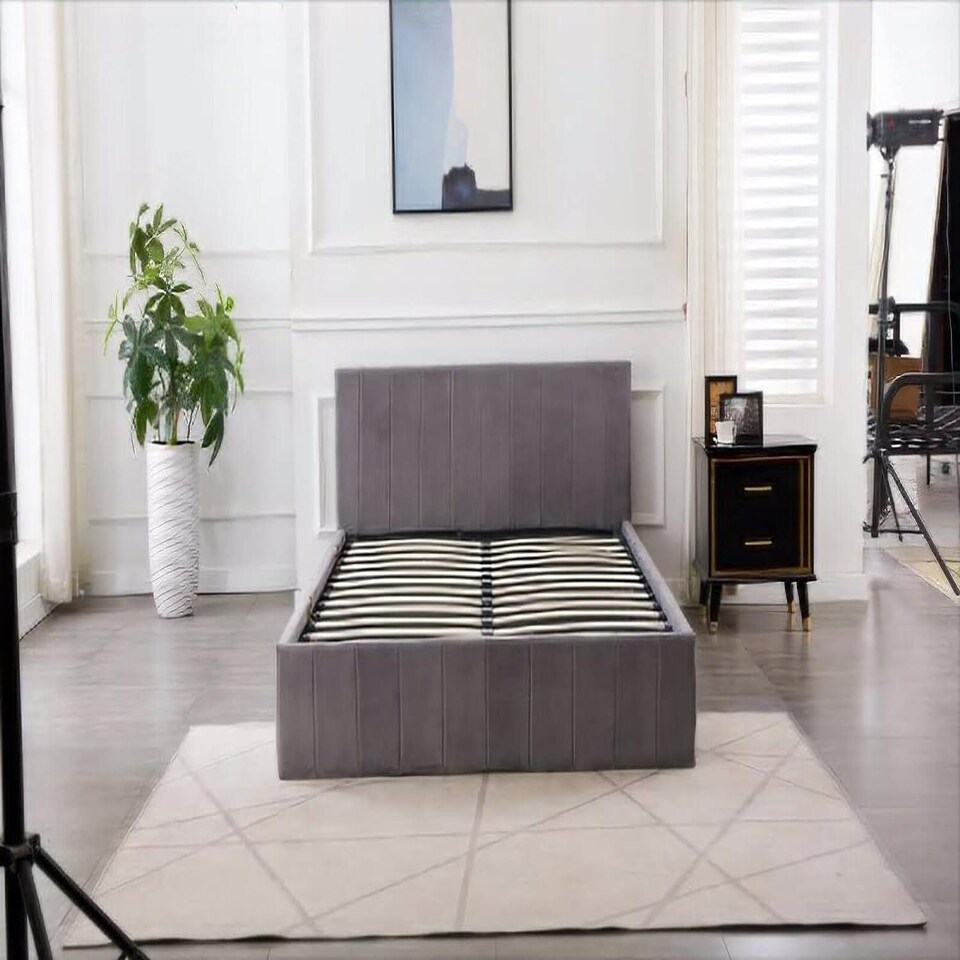 image 1 of Ottoman Storage Bed grey 3ft single and 1 mattress line pattern fabric velvet bedroom furniture