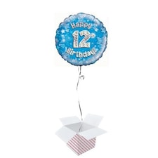 Blue Happy 12th Birthday Holographic Round Foil Helium Balloon - Inflated Balloon in a Box