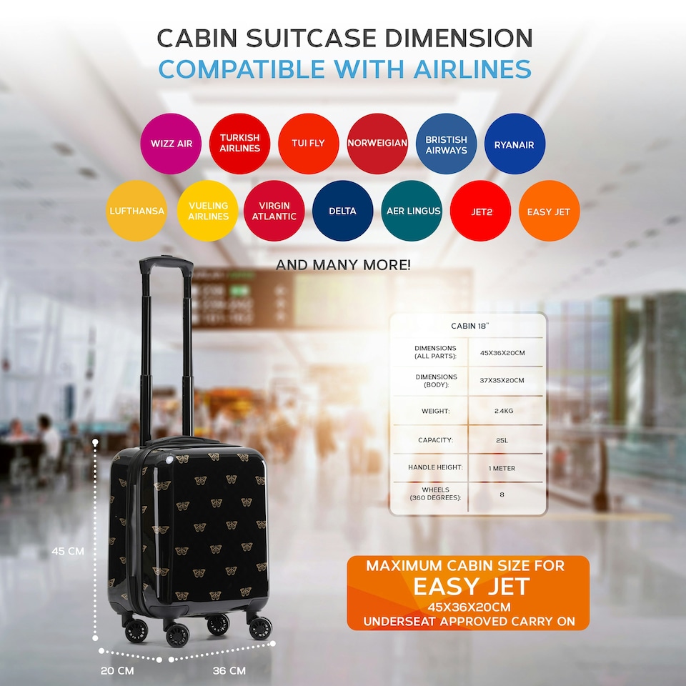 image 1 of Flight Knight Carry On Suitcase - 8 Wheel TSA Lock USB Port - Anti Crack Case Hard Luggage Approved for easyJet, Jet2, BA Black | Black/Gold Butterfly | Cabin Bag