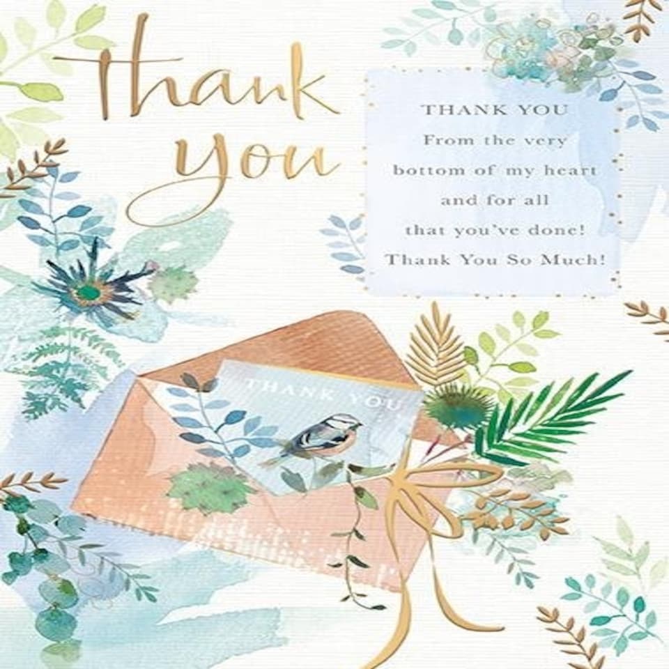 Words 'n' Wishes Moments in Time Artistic Thank You Card from From the Bottom of my Heart, Bird and Foliage - Gold Foil Finish