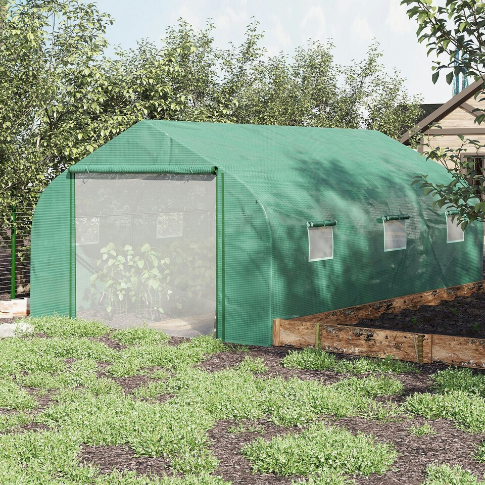 image 1 of Outsunny 4.5 x 3 x 2m Outdoor Tunnel Greenhouse w/ Roll Up Door 6 Windows Green