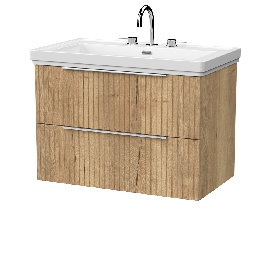 image 1 of Balterley Callingwood Contemporary Wall Hung 2 Drawer Vanity Unit with Traditional 3 Tap Hole Fireclay Basin , 800mm, Autumn Oak