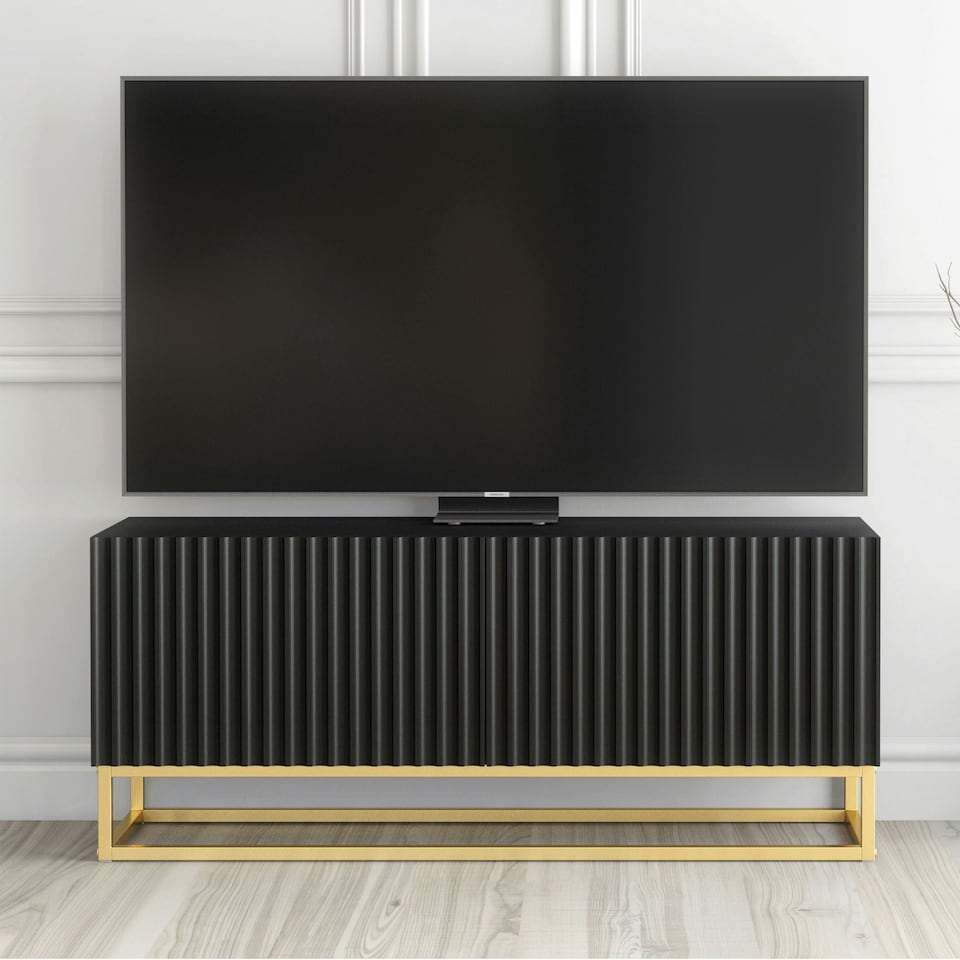 image 1 of TV Unit 100cm Black Matt Fluted Fronts with Gold Metal Base Black