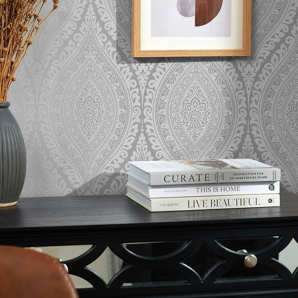 image 1 of Ariana Wave Wallpaper in Grey and Silver Multi