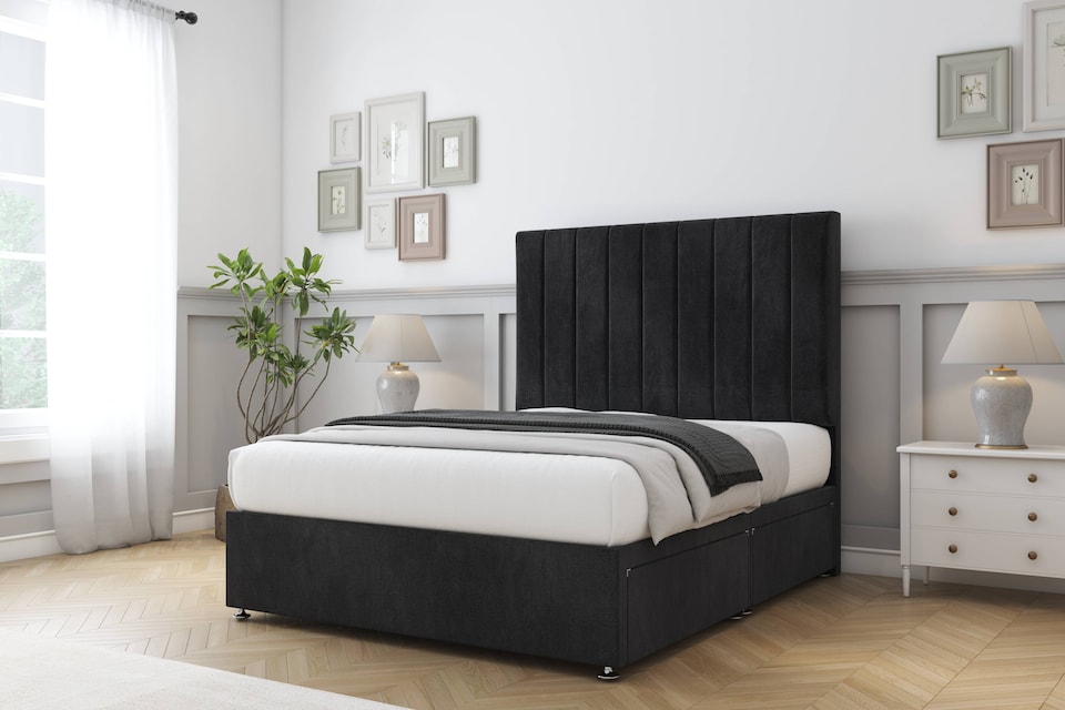 image 1 of Sloomy Kansas Black Naples Divan Bed Base 2 Drawers Same Side With 54 Inch Floor Standing Headboard | Black | Black | King | 1