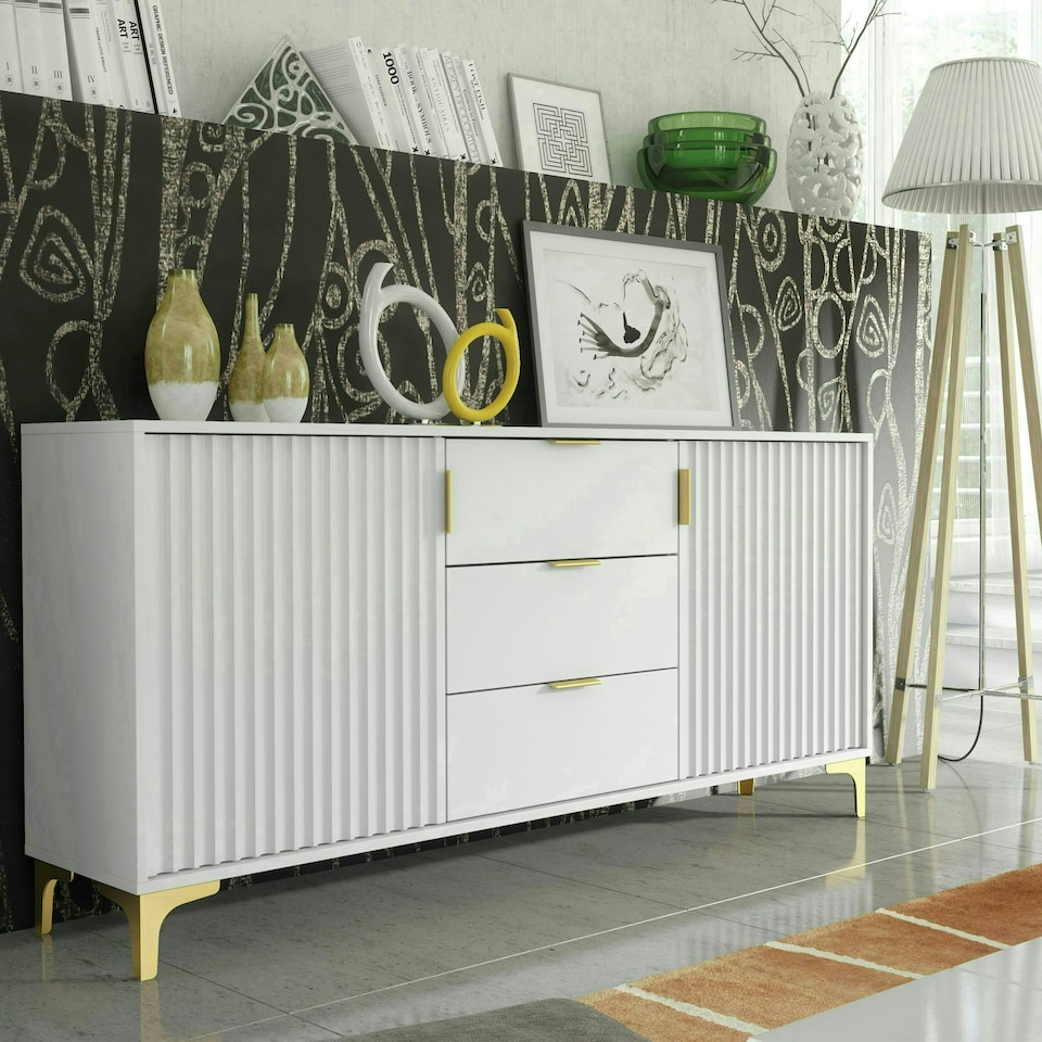 image 1 of Bold sideboard 140cm white ribbed fronts gold accents White