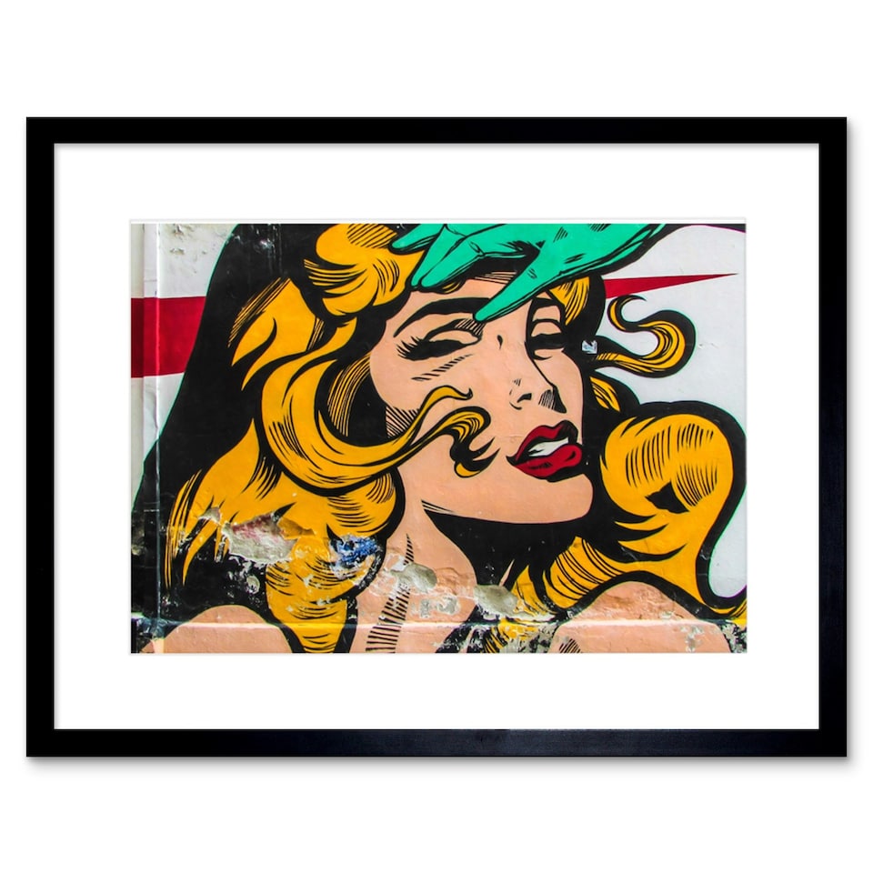 image 1 of Comic Book Style Blonde Woman Street Art Mural 9x7" Black Framed Wall Art Print