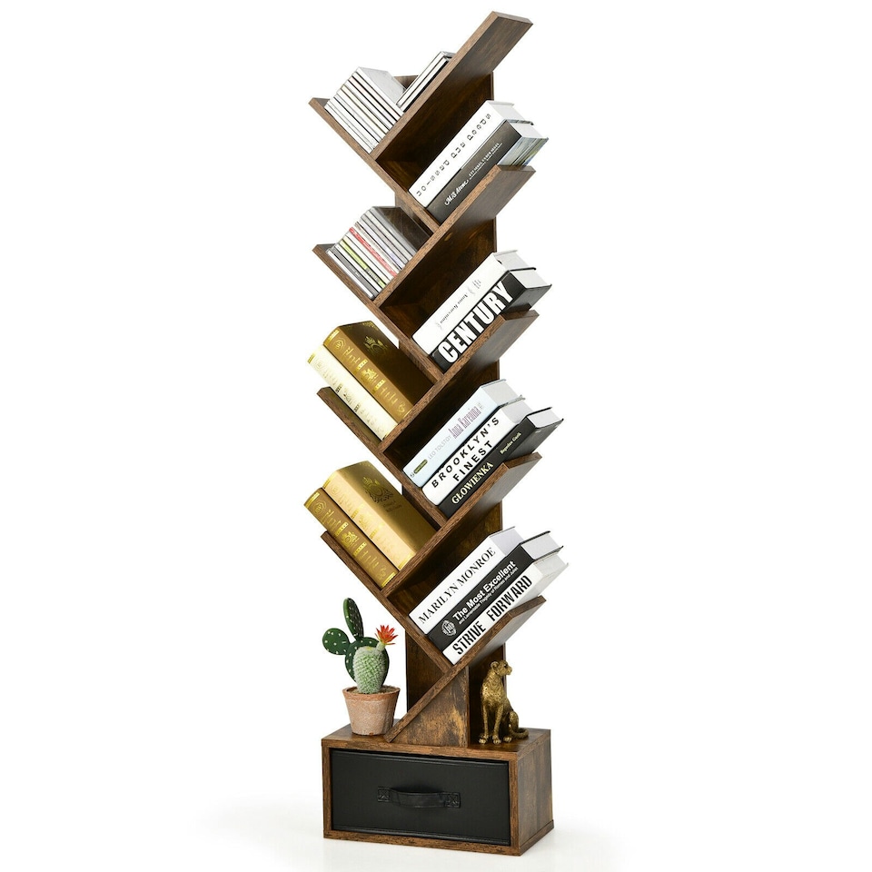 image 1 of COSTWAY 10 Tiers Bookshelf Display Bookcase with Drawer Brown Brown