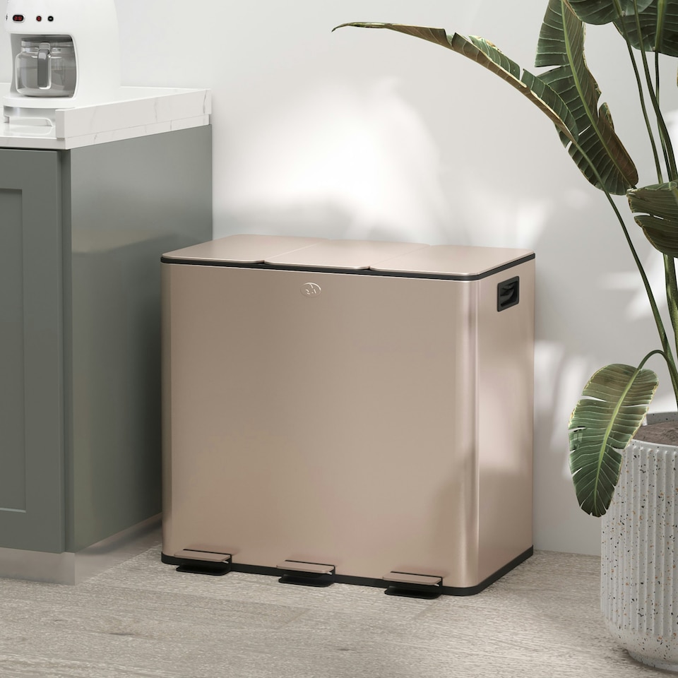 image 1 of HOMCOM 3 x 15L Triple Kitchen Bin Pedal Bin for Recycling and Waste Silver | 45L
