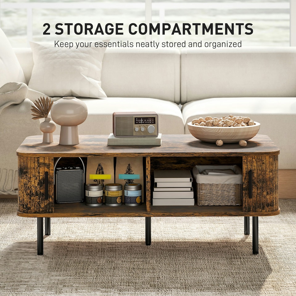 image 1 of HOMCOM Coffee Table with Storage and Sliding Doors for Living Room Brown