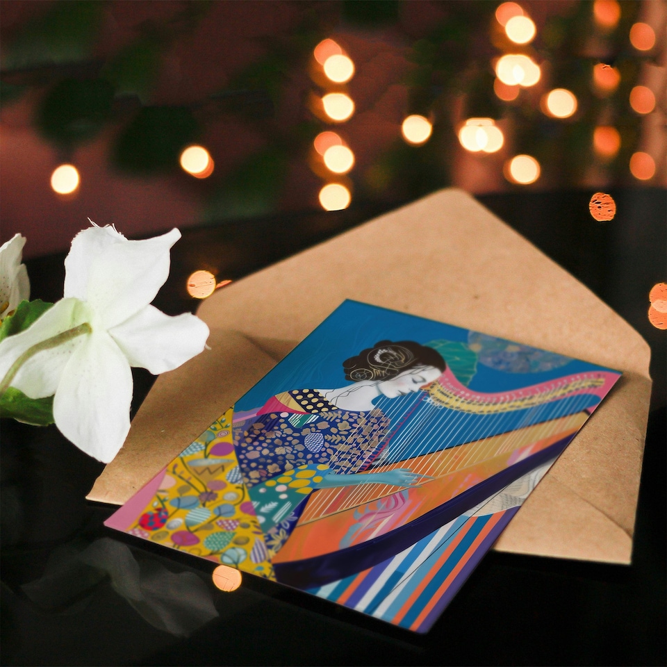 image 1 of Harpist Playing Harp Music Colourful Batik Style Birthday Card