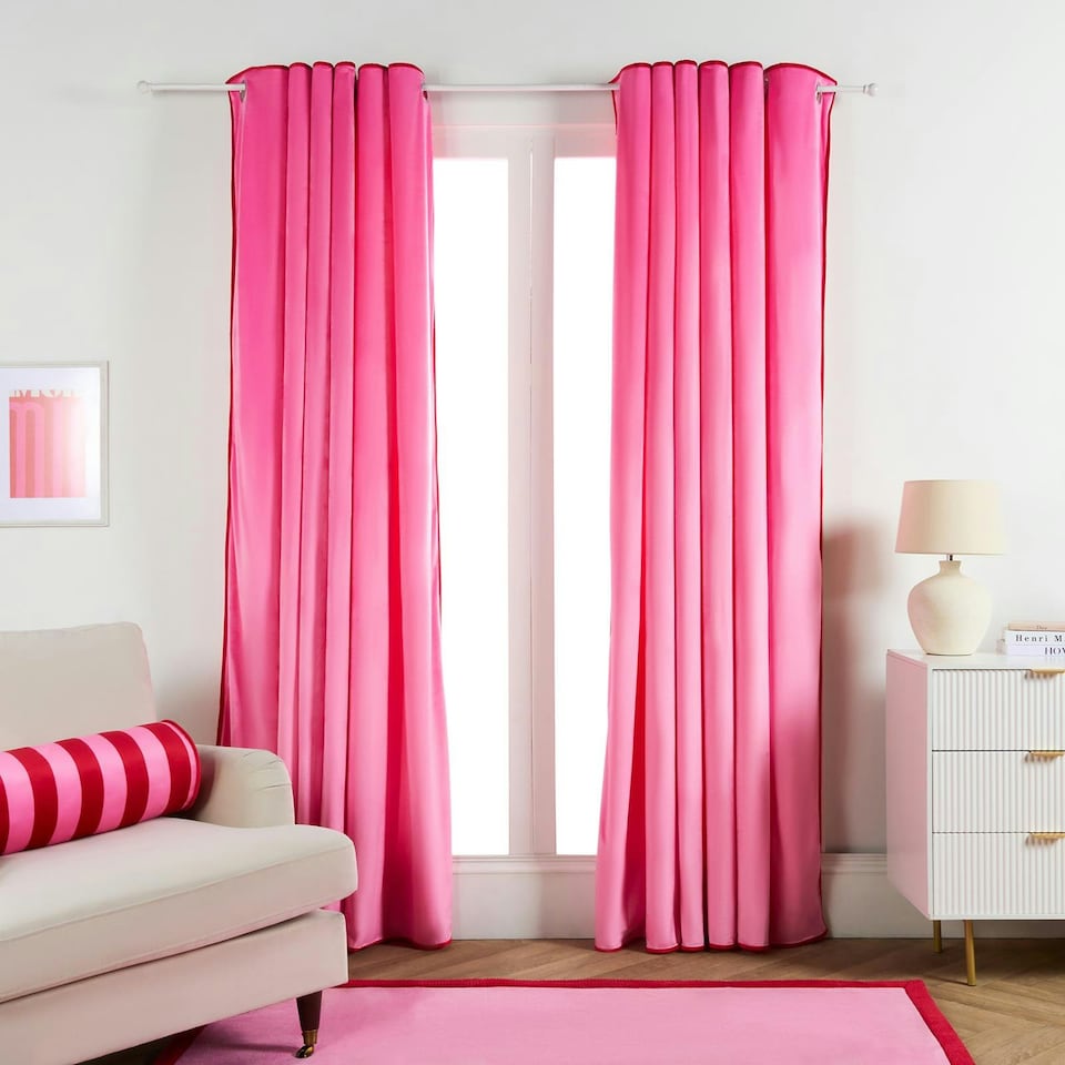 image 1 of OHS Piped Edge Velvet Light Reducing Insulated Panel Pair Eyelet Curtains, 66x90" | Multi | Pink/Red