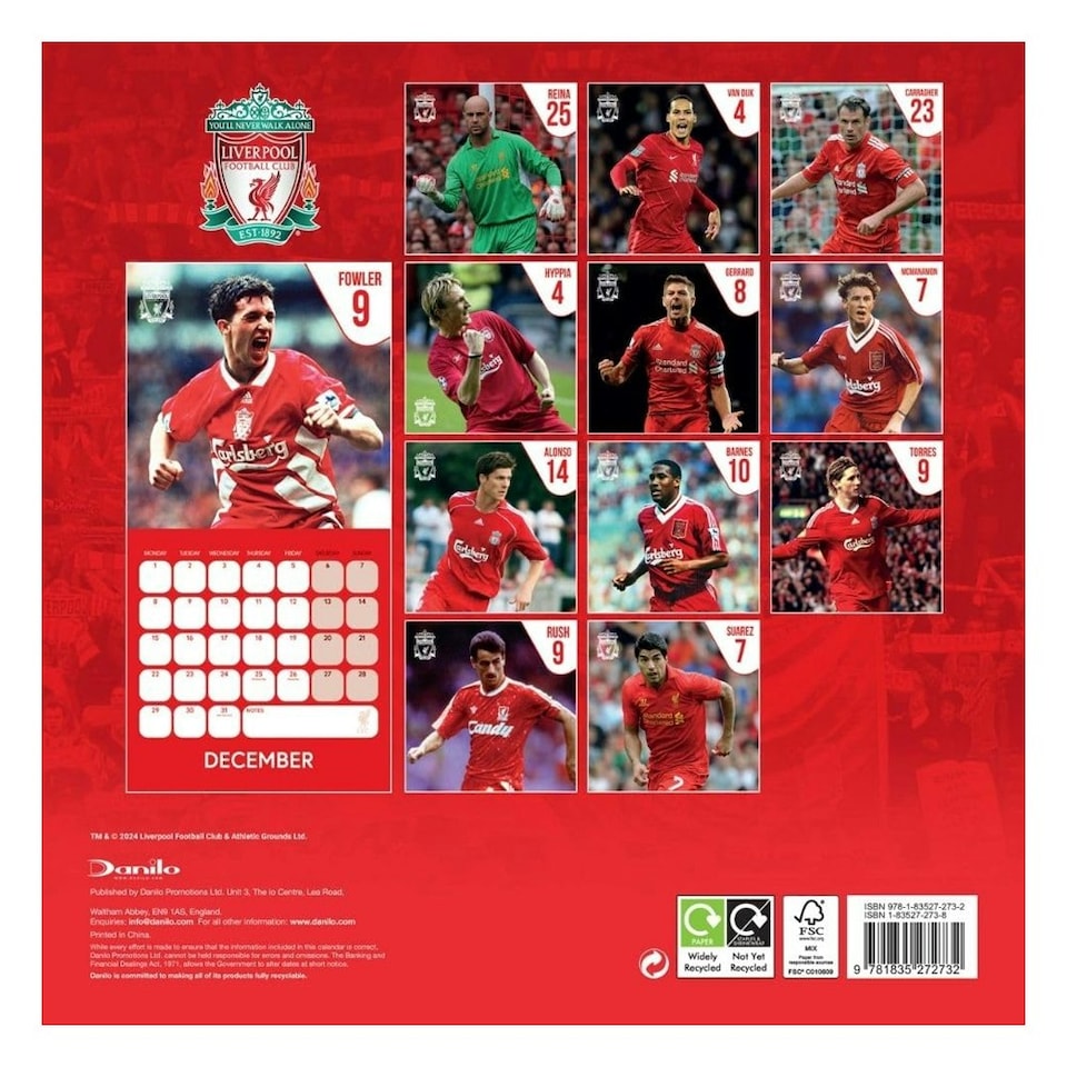 image 1 of Liverpool FC Legends 2025 Wall Calendar - Claret Red/White/Green - One Size