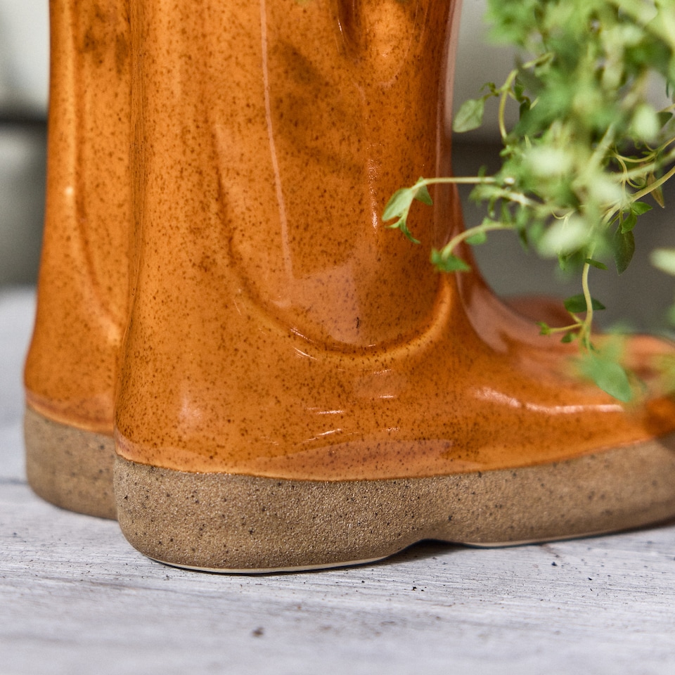 image 1 of Set of 2 Small and Large Orange  Wellington Boots Ceramic Indoor Outdoor Flower Pot Garden Planter | Orange | Orange