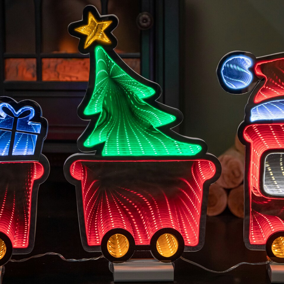 image 1 of 70cm Infinity Christmas Train with 2 Carriages on Wood Base and Multi-Coloured LEDs