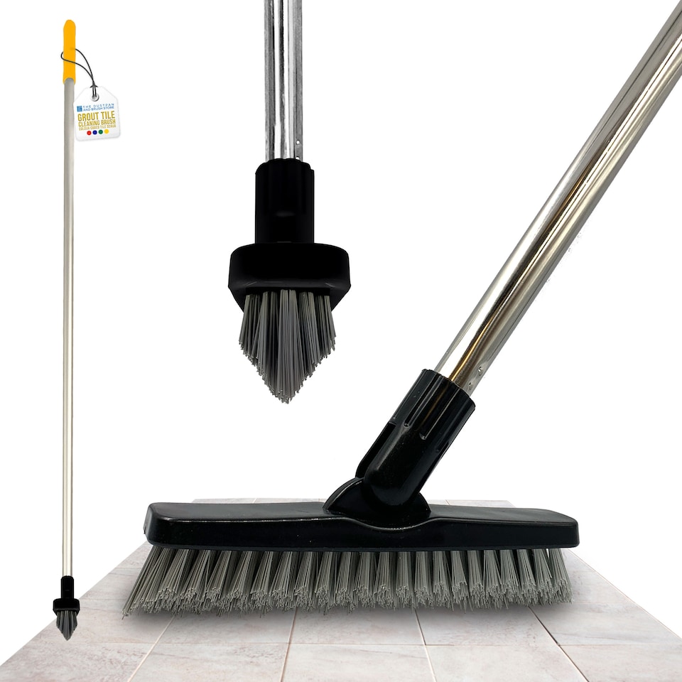 image 1 of Colour-Coded Angled Grout Brush with Handle 180° Swivel Tile & Corner Scrubber