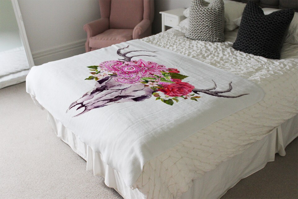 image 1 of Deer Animal Skull With Flowers And Feathers Blanket | Multi