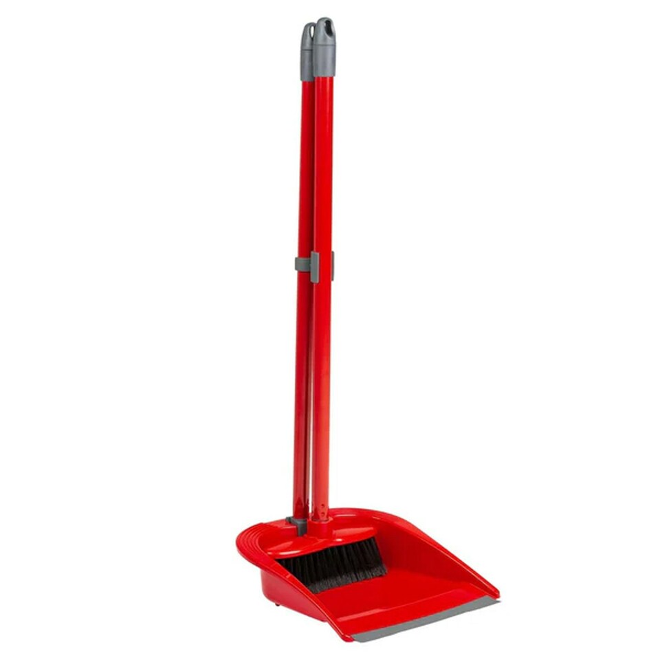image 1 of 2 Sets of Tall Long Handled Red Dustpan & Brush Set For Indoor Sweeping Home & Kitchen Red