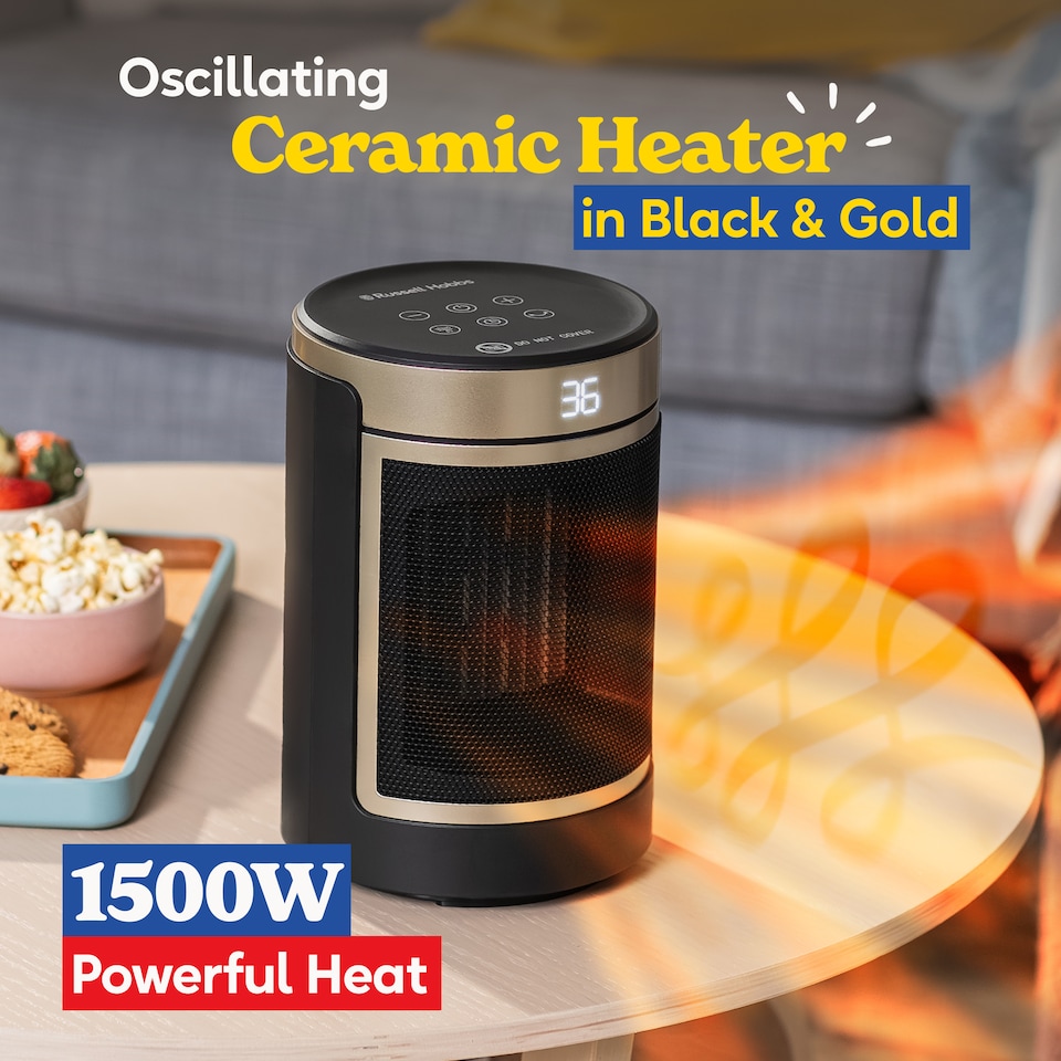 image 1 of Russell Hobbs RHCH2002G Space Heater in Black & Gold Round 1500W Portable Electric Heater