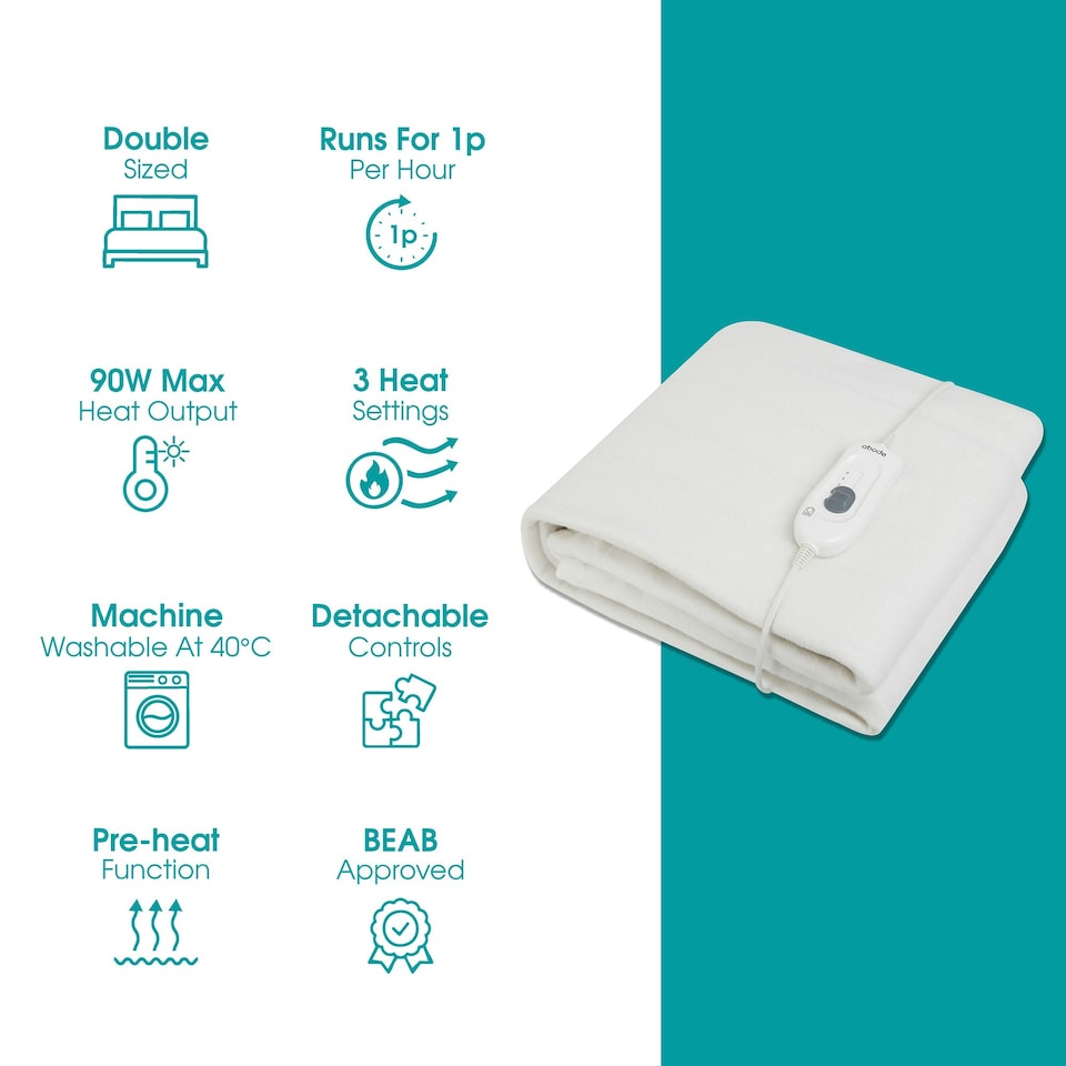 image 1 of Abode AEDB2002 Double Electric Blanket 90W Heated Underblanket White 3 Heats White