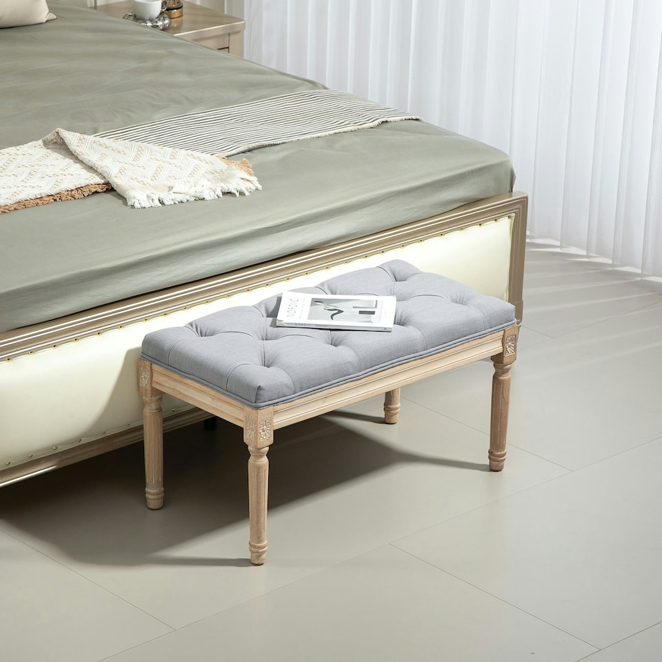image 1 of HOMCOM End of Bed Bench Tufted Upholstered Foot Stool, Light Grey