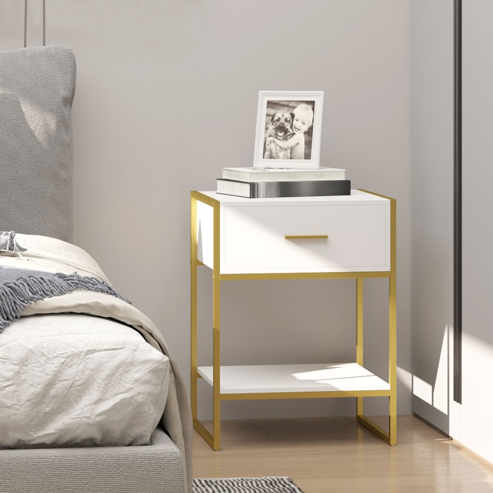 image 1 of HOMCOM Bedside Table with Storage Drawer and Open Shelf, Modern Nightstand, Side Table with Metal Frame for Bedroom, Living Room, White