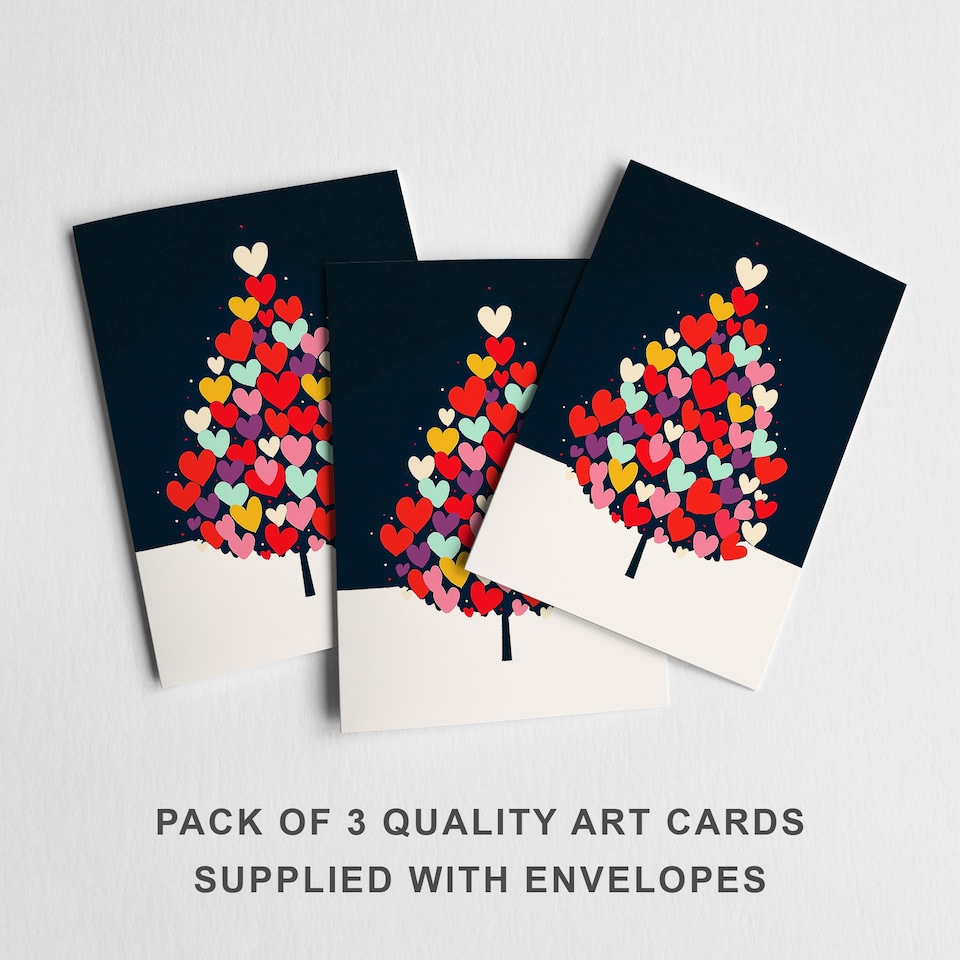image 1 of Heart Decorated Tree Christmas Card Modern Festive Set of 3 Greeting Cards Blank