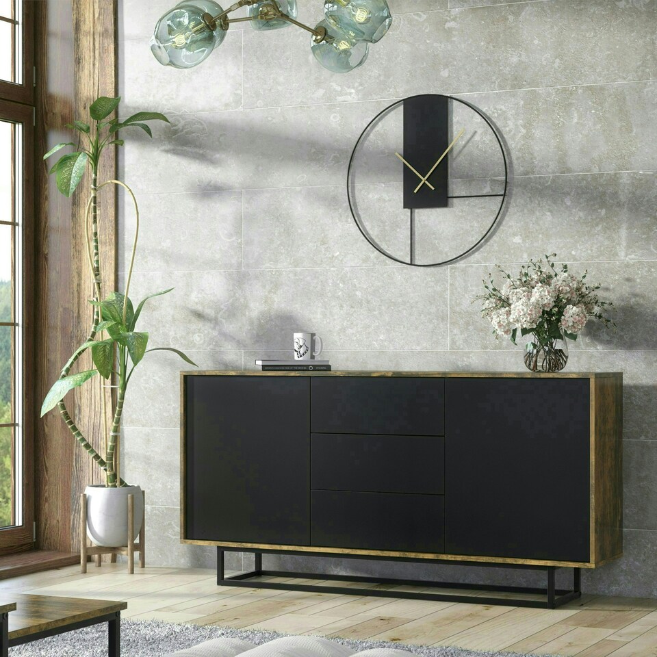image 1 of Sideboard 140cm Industrial Oak with Black Fronts and Metal Base Multi