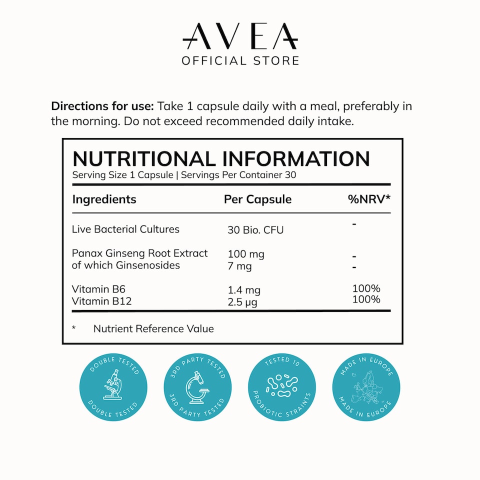 image 1 of AVEA Biomind Probiotic & Brain Health Supplement (30 Capsules) - 30 Billion CFU Probiotic Supplement With Vitamin B12, Panax Ginseng & Vitamin B6 - Targets Brain Fog & Gut Health - Vegan Friendly