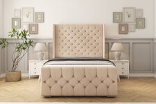 Sloomy Luthor Sand Naples Bed Frame With Mattress With 50" Upholstered Wingback Headboard 4'6 Double