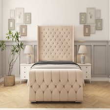Sloomy Luthor Sand Naples Bed Frame With Mattress With 50"  Upholstered Wingback Headboard 4'6 Double