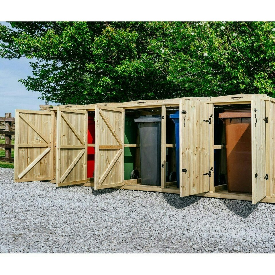 image 1 of Chatburn Quintet Wheelie Bin Store - Timber - L80.4 x W342.2 x H120 cm - Fits 4 x 180L or 4 x 240L & 1 x 140L Wheelie Bins Brown