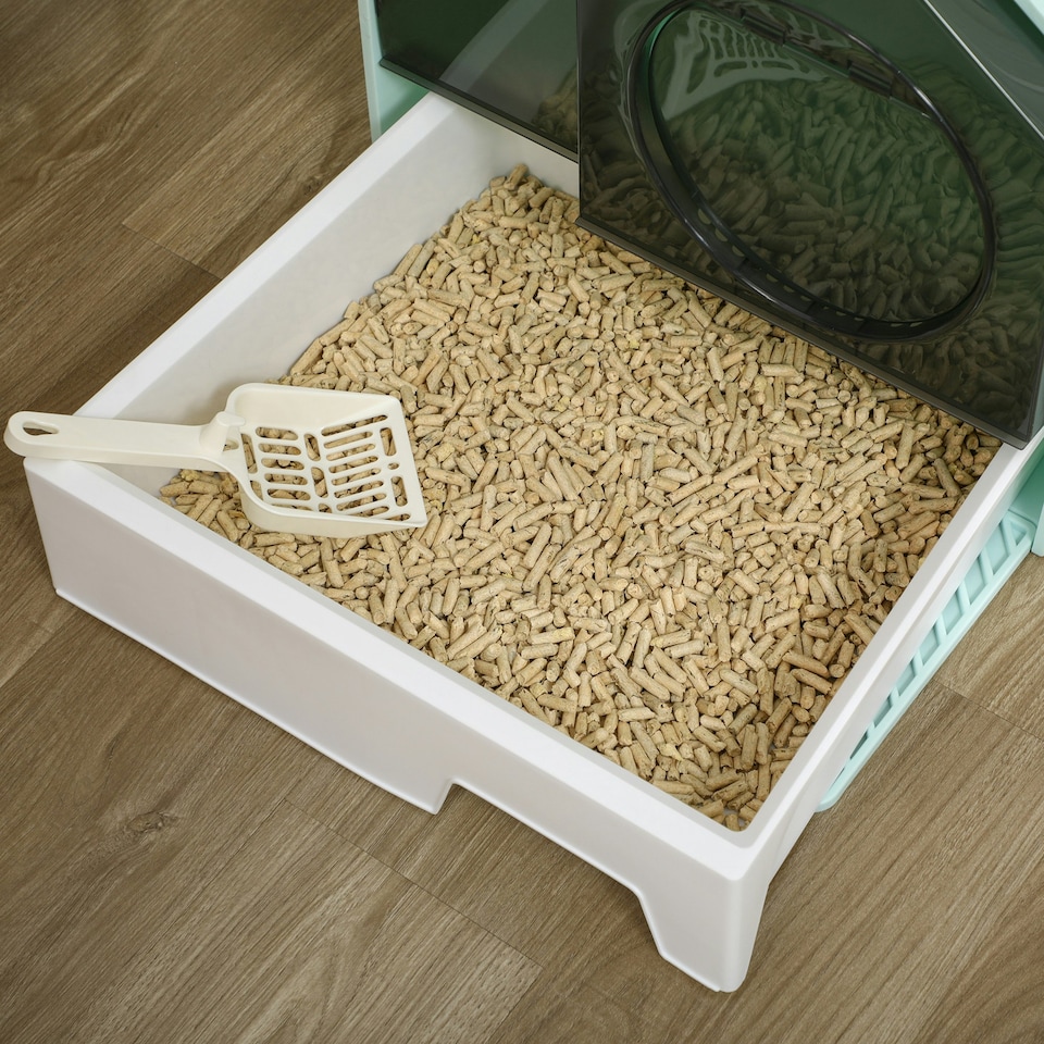 image 1 of PawHut Hooded Cat Litter Tray w/ Scoop, Drawer Pan Handle Deodorants Light Blue