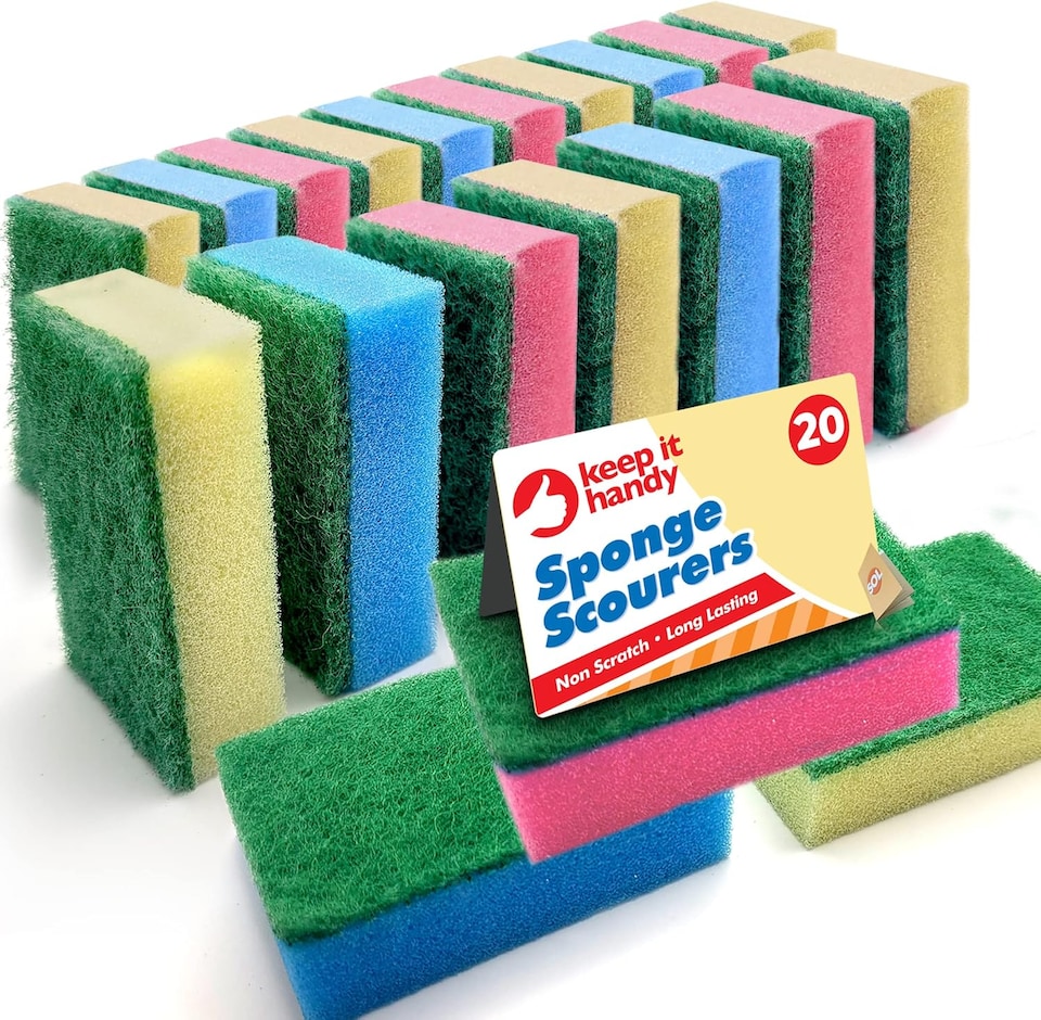 image 1 of 20pk Small Sponge Scourers – Blue, Pink & Yellow Washing Up Sponges for Dishwashing, Kitchen Cleaning & Daily Home Use