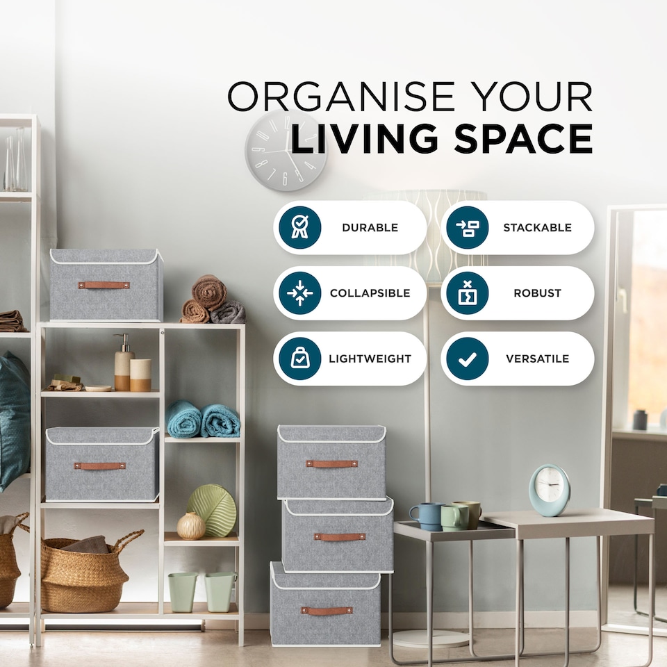 image 1 of DMD 5-Pack Collapsible Storage Boxes with Lids, Stackable Fabric Storage Cubes | Grey