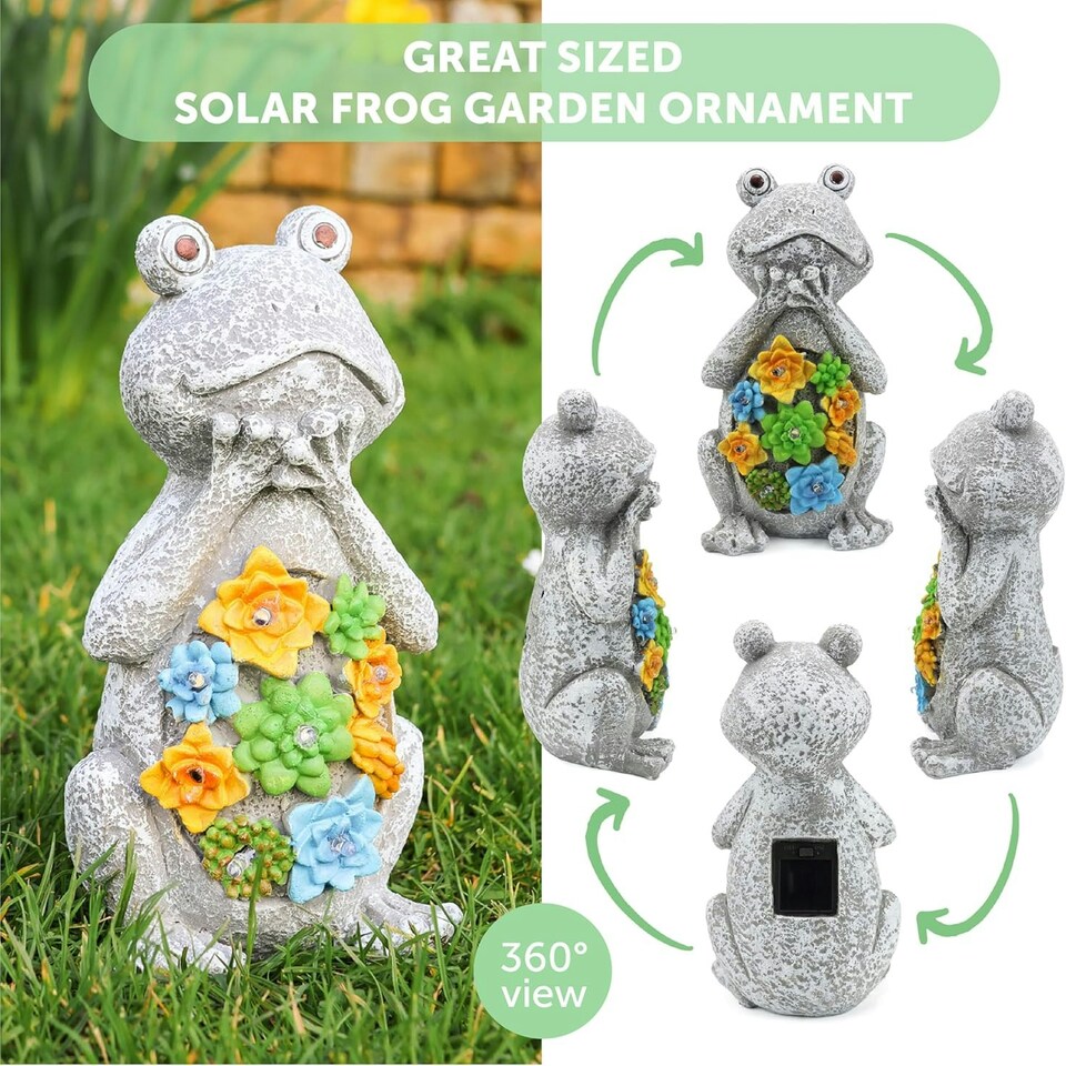 image 1 of Pack of 3 Solar Frog Garden Ornament Grey | One Size