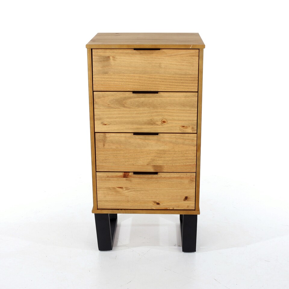 image 1 of Texas 4 Drawer Narrow Chest of Drawers - Industrial Style Pine Bedroom Storage Cabinet with Metal Legs | Brown | Brown | 1