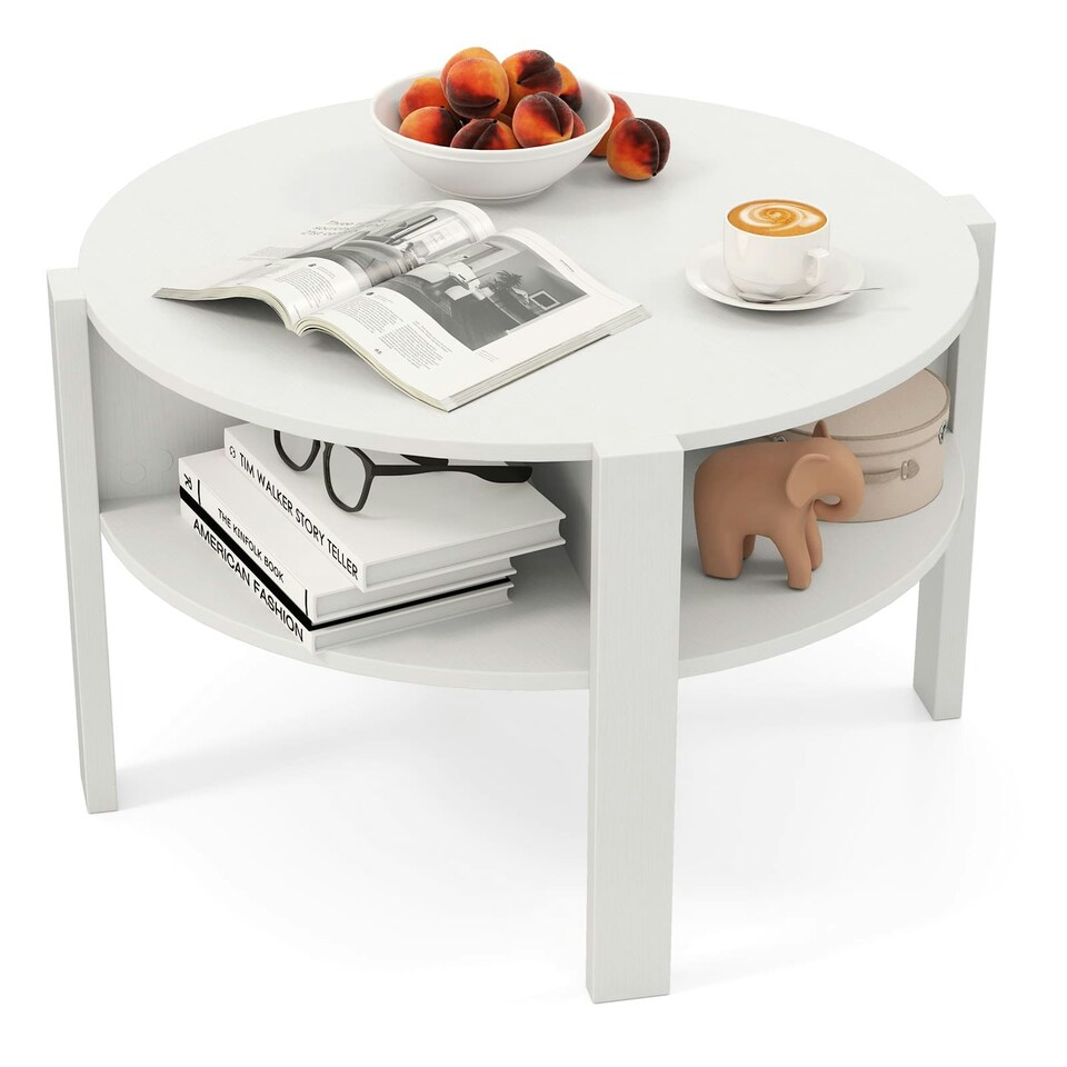 image 1 of COSTWAY 2-Tier Round Coffee Table Tea Cocktail Table White White