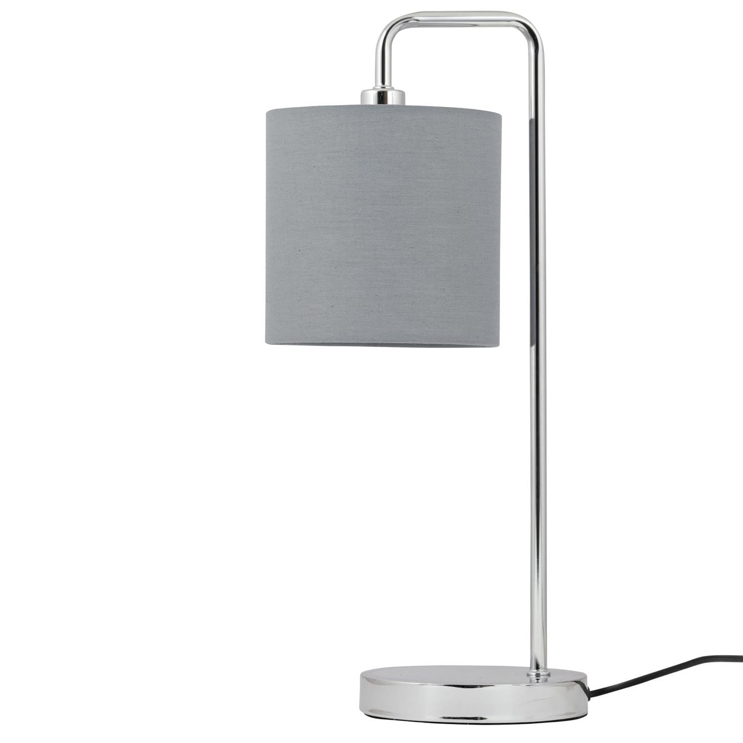 First Choice Lighting Chrome Arched Table Lamp with Grey Cotton Shade in Silver
